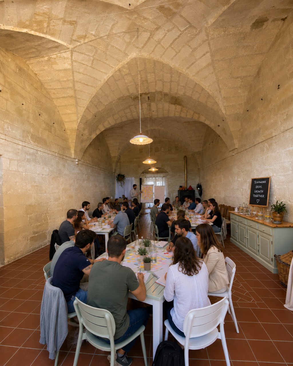 Sala interna allestita per un team building aziendale in masseria